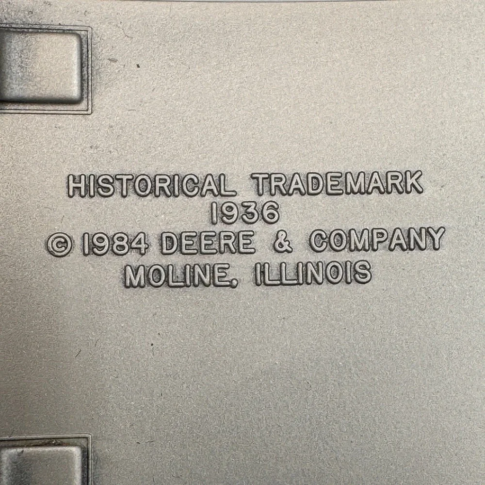 John Deere Vintage Belt Buckle 1984 Historical 1936 Trademark Moline Illinois